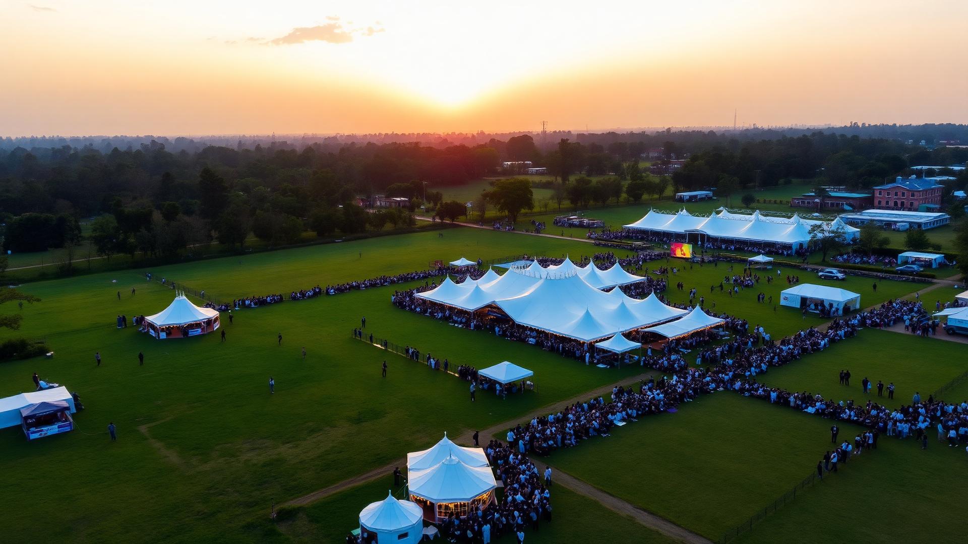 Aerial view of a large tented outdoor event at golden hour